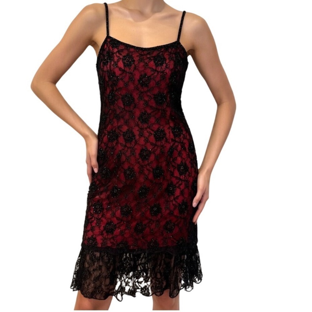 Mia Bella Black Lace Beaded Red Lining Cocktail Dress‎ Size 12 Y2K Whimsigoth